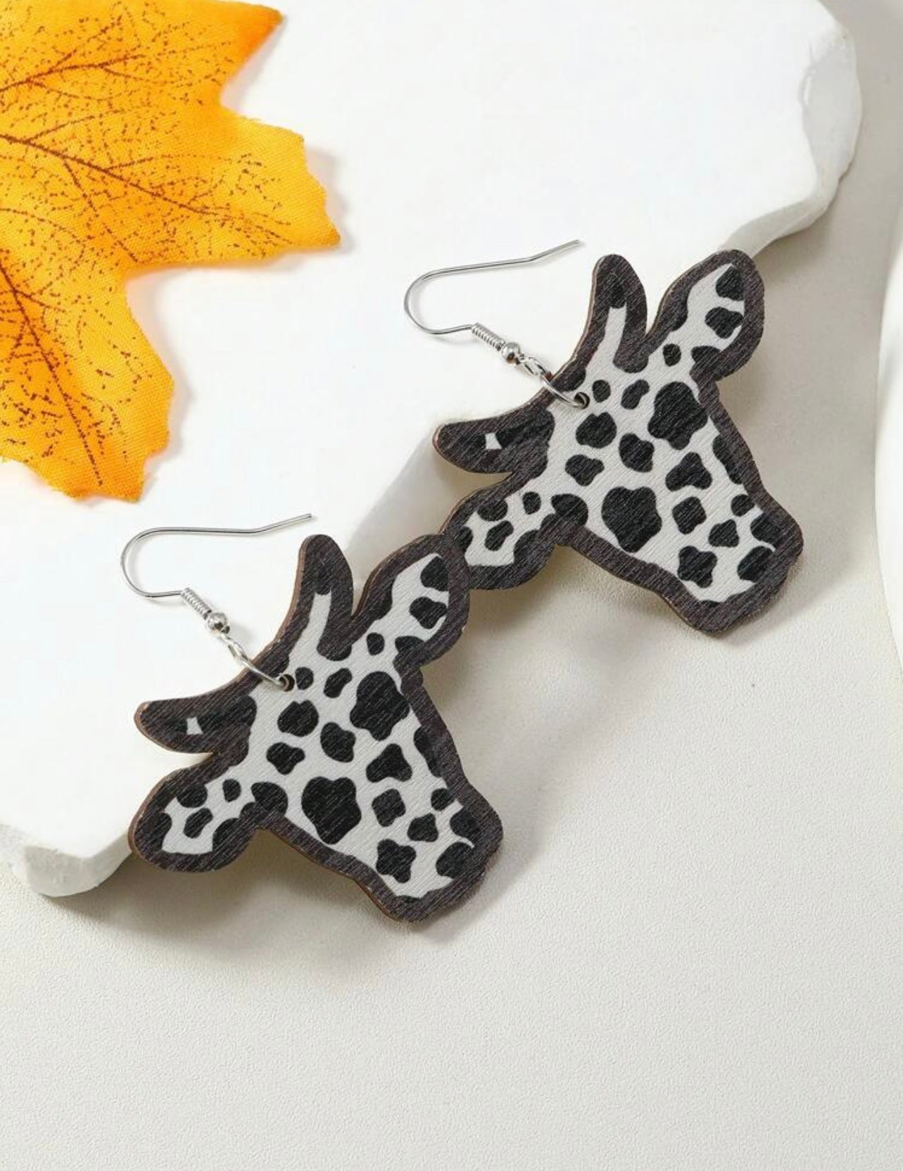 Wood Cow Print Drop Earrings